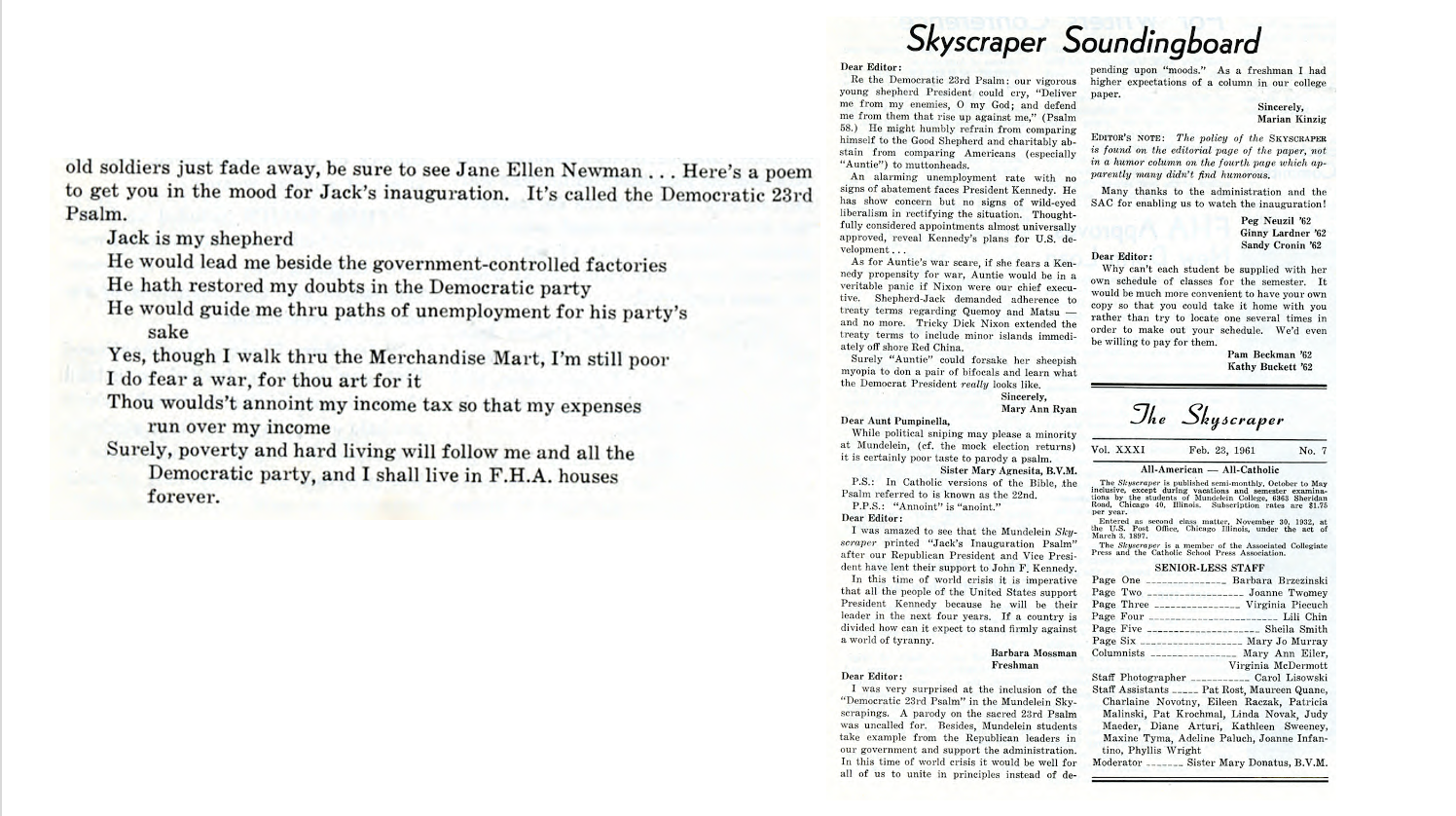 Skyscraper: Collage of responses to John F. Kennedy's presidency · 150  Student Life Timeline · Loyola University Chicago Libraries Digital Exhibits