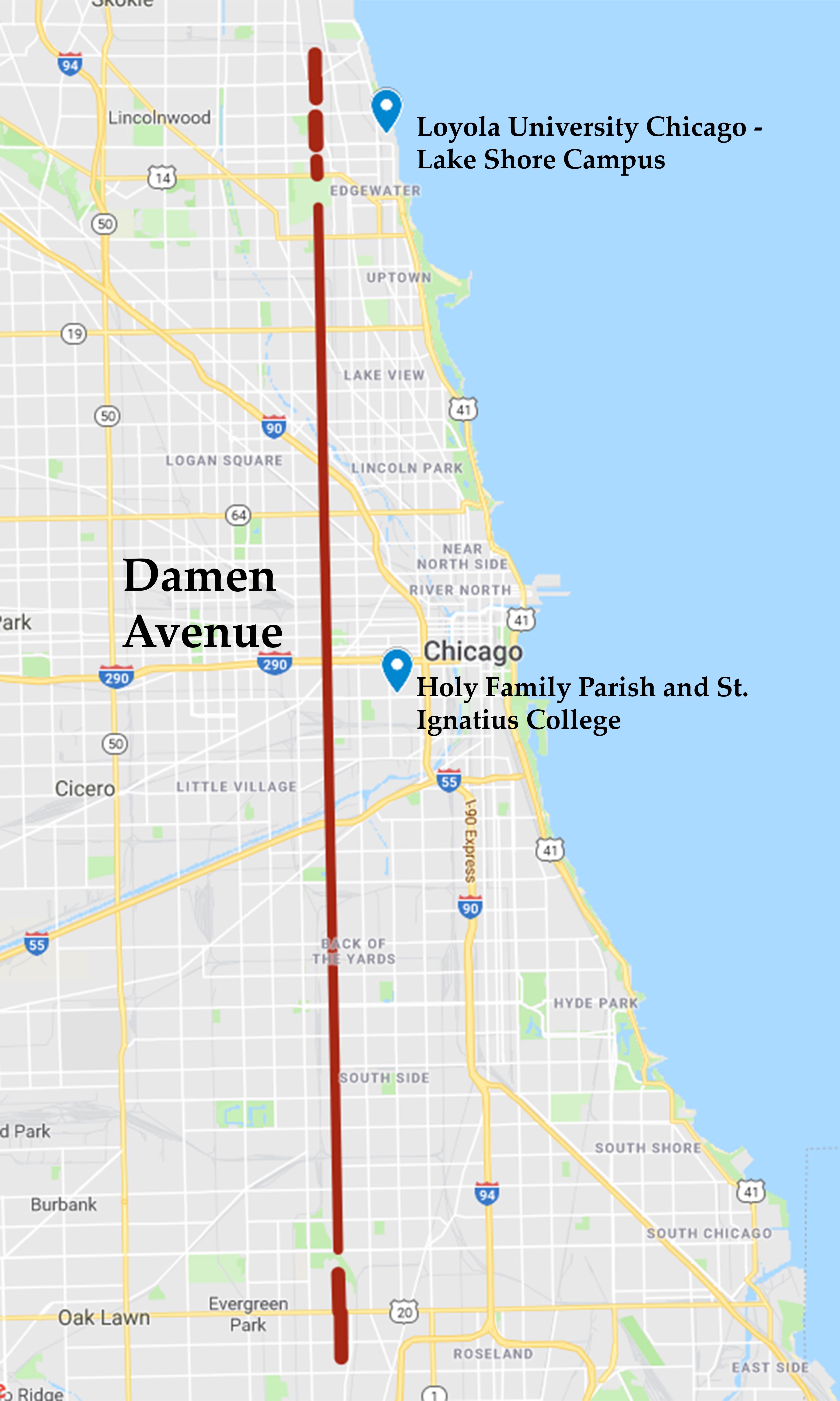 Map Of Chicago Highlighting Damen Avenue Arnold J Damen S J