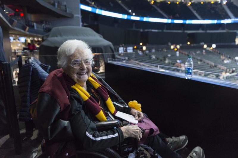 Sister Jean smiles for the camera at the Elite Eight game.