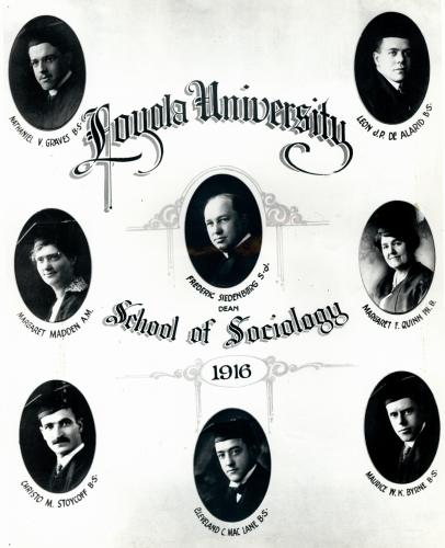 Yearbook page showing the 1916 Loyola University Chicago School of Sociology graduates.