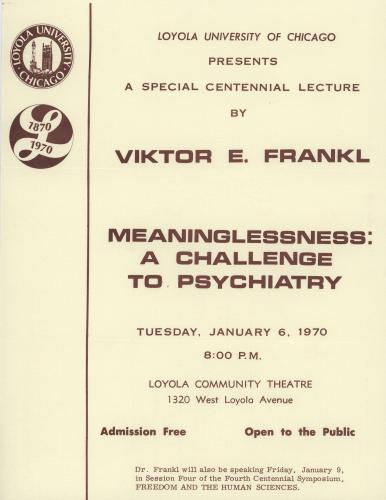A flyer advertising Viktor E. Frankl's lecture "Meaninglessness: A Challenge to Psychiatry."