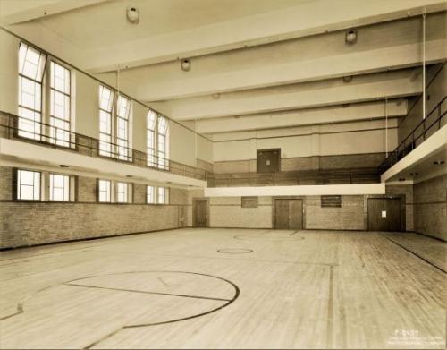 A view of the empty gymnasium at Mundelein College.