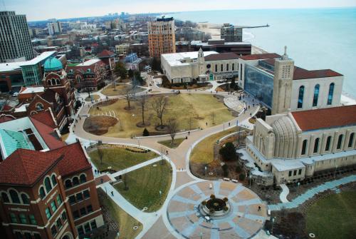 A view of the center of Loyola University Chicago's Lake Shore Campus from the top floor of Mundelein Center. 