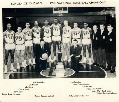 A photo of the 1963 Men's Basketball NCAAP Championship Team on a basketball court. 