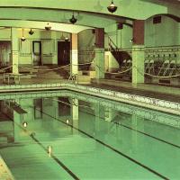 A view of the four-laned swimming pool at Mundelein College. 